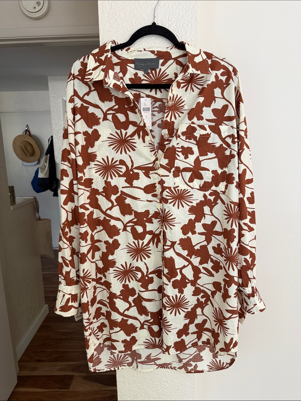 Women's Cream Shirt Dress with Rust Floral Print - Casual Button-Up